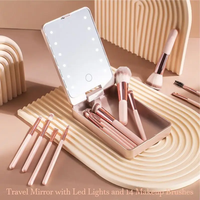 Ensemble de pinceaux de maquillage de voyage pour femmes, 14 pièces, petits ensembles de pinceaux de maquillage portables, kit de pinceaux de maquillage avec miroir LED et boîte de rangement