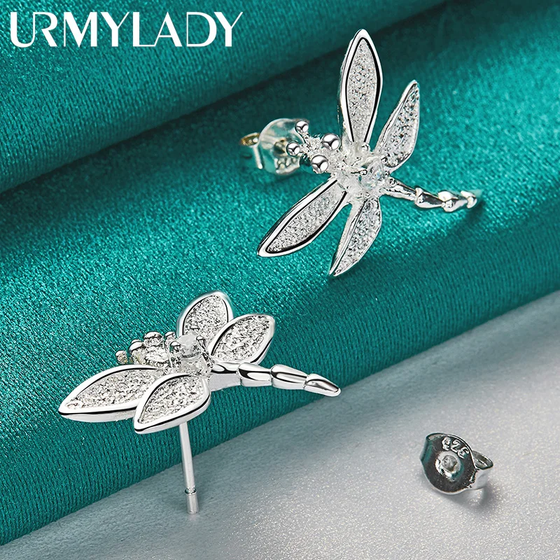 URMYLADY 925 Sterling Silver Dragonfly Zircon Kolczyki sztyfty dla kobiet Biżuteria ślubna na imprezę — zdjęcie 7