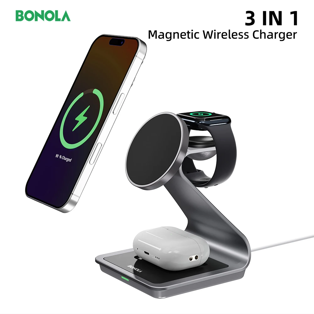 

Металлическая магнитная подставка для зарядного устройства Bonola 3 в 1, для iPhone 16/15 Pro/14/13/Apple Watch, магнитная беспроводная зарядная станция для AirPods