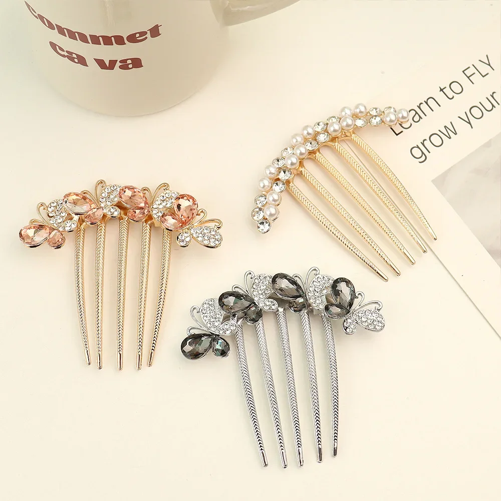 Women Pearl Crystal Hair Comb Fashion Rhinestone Decorative Hair Card Headwear Girls' Hair Accessories