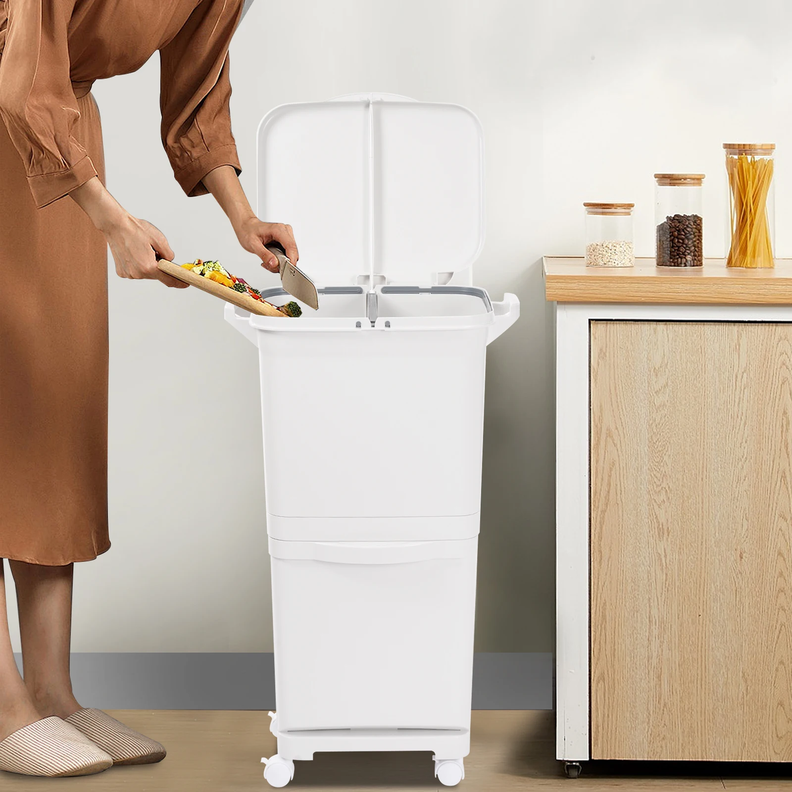 Weißer 45-Liter-Mülleimer aus PP, klassifiziert, Küchen-Mülleimer, Sortier-Mülleimer, vertikaler Mülleimer für Küchen, Schlafzimmer, Badezimmer – Detail 14
