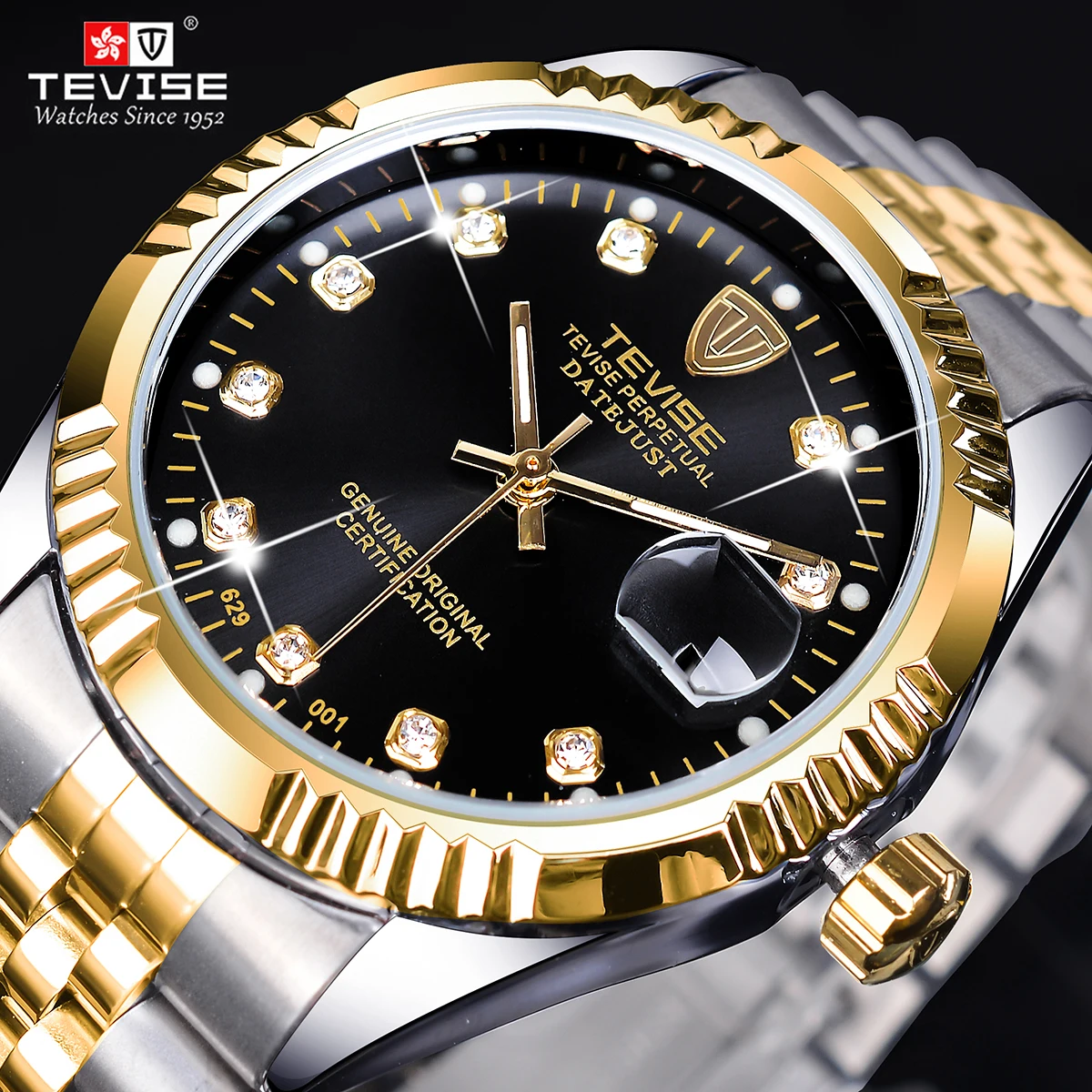 TEVISE 629 Luxury Brand Diamond Gold Black Fashion Watch Stainless Steel Automatic Mechanical Clock Calendar Unique Gift for Men