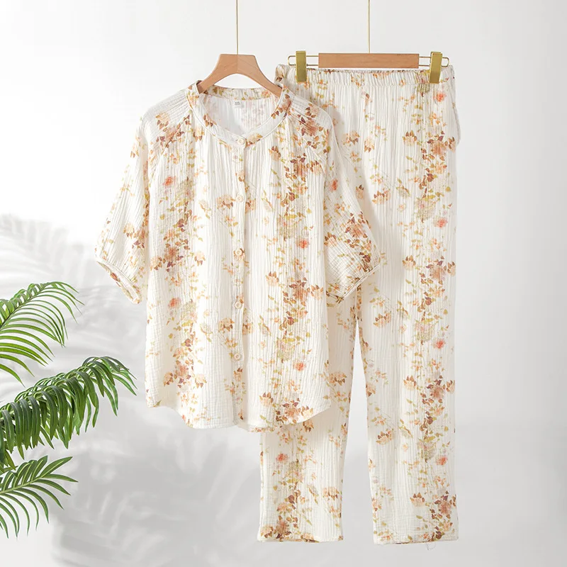 

Summer Autumn Print Cotton Gauze Women's Half Sleeved Pants Pajamas Set Home Clothes Soft and Sweet Pyjamas