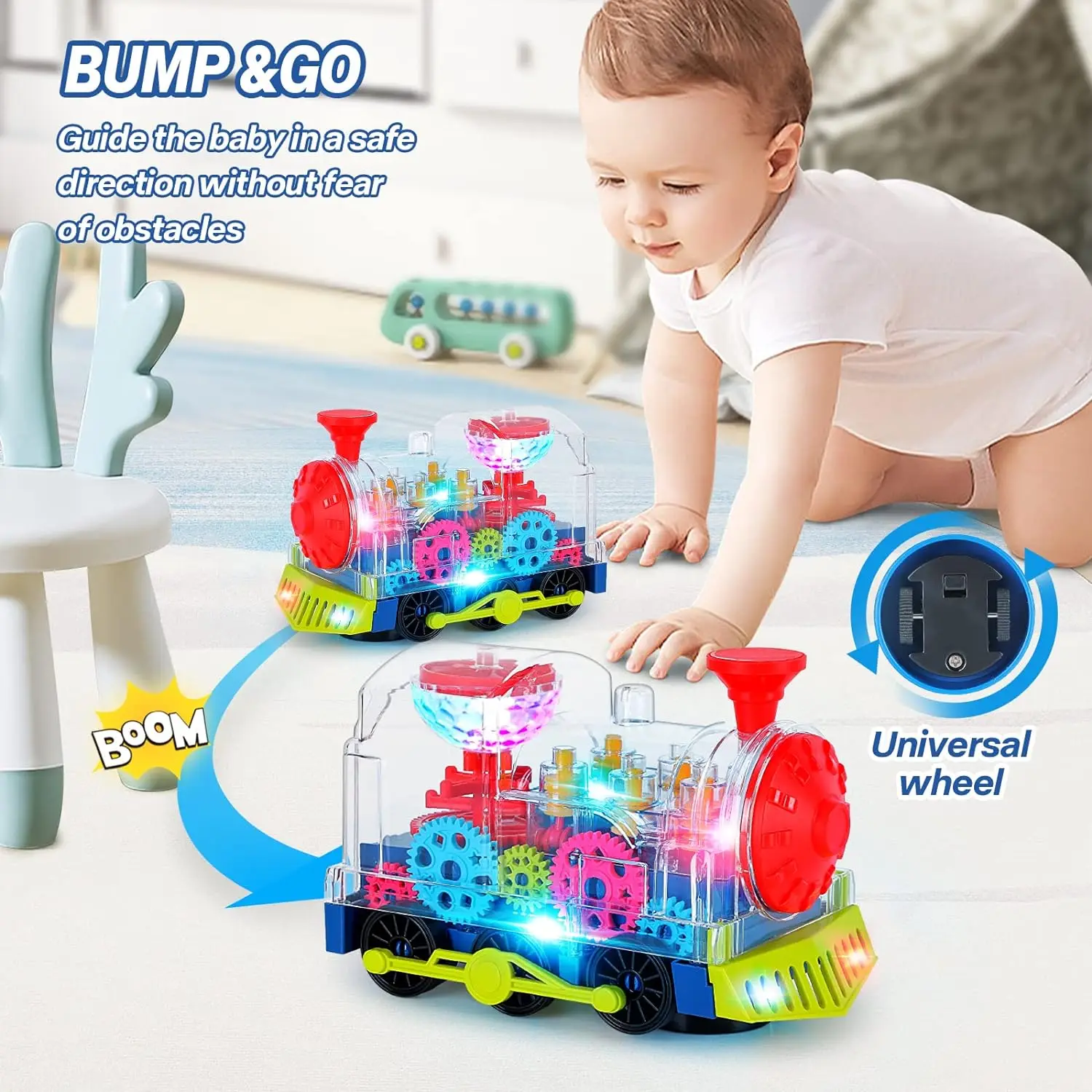 1PC Electric Train Toy for Kids Transparent Gear Crawling Train with Light and Music Early Educational Toys Train Toys for Kids