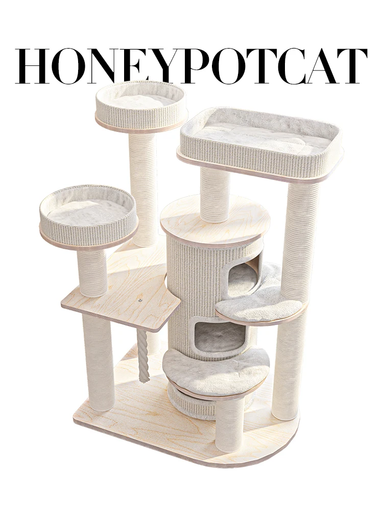 Cat Nest Tree Integrated Solid Wood Multi layer Frame Birch Warm Sisal Hemp Bucket image 4