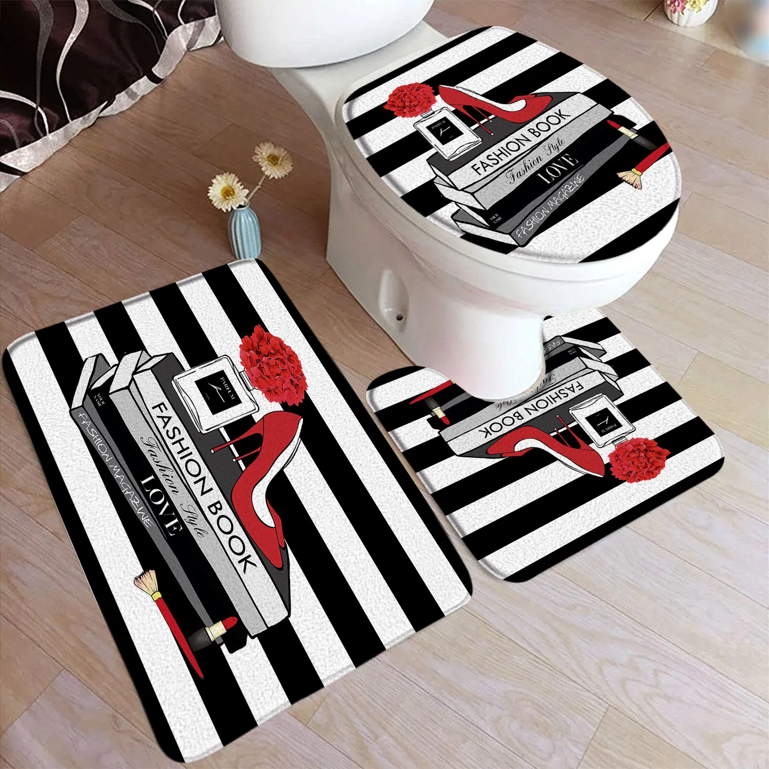 Fashion High Heeled Perfume Bath Mat Set Red Floral Magazine Black And White Stripe Home Doormat Bathroom Decor Rug Toilet Cover