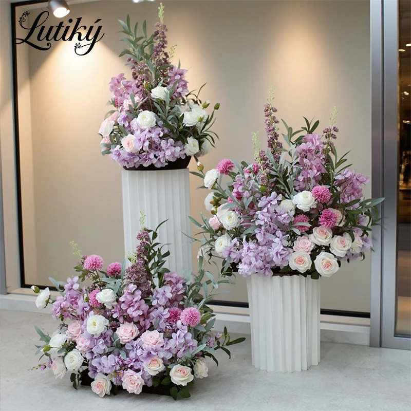 Gran oferta, centro de mesa rosa púrpura, rosa Floral, hoja de planta verde, decoración de boda, guía de camino, suelo, fila de flores, accesorios de fiesta