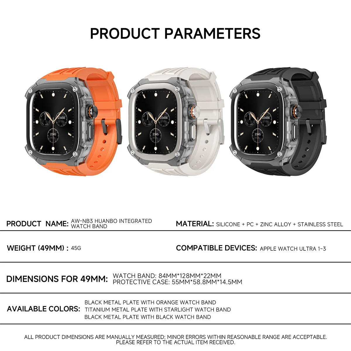Luxury Modification Kit for Apple Watch Series Ultra 3 2 1 49MM Silicone Strap Stainless Steel PC Case for iWatch Ultra Mod Kit