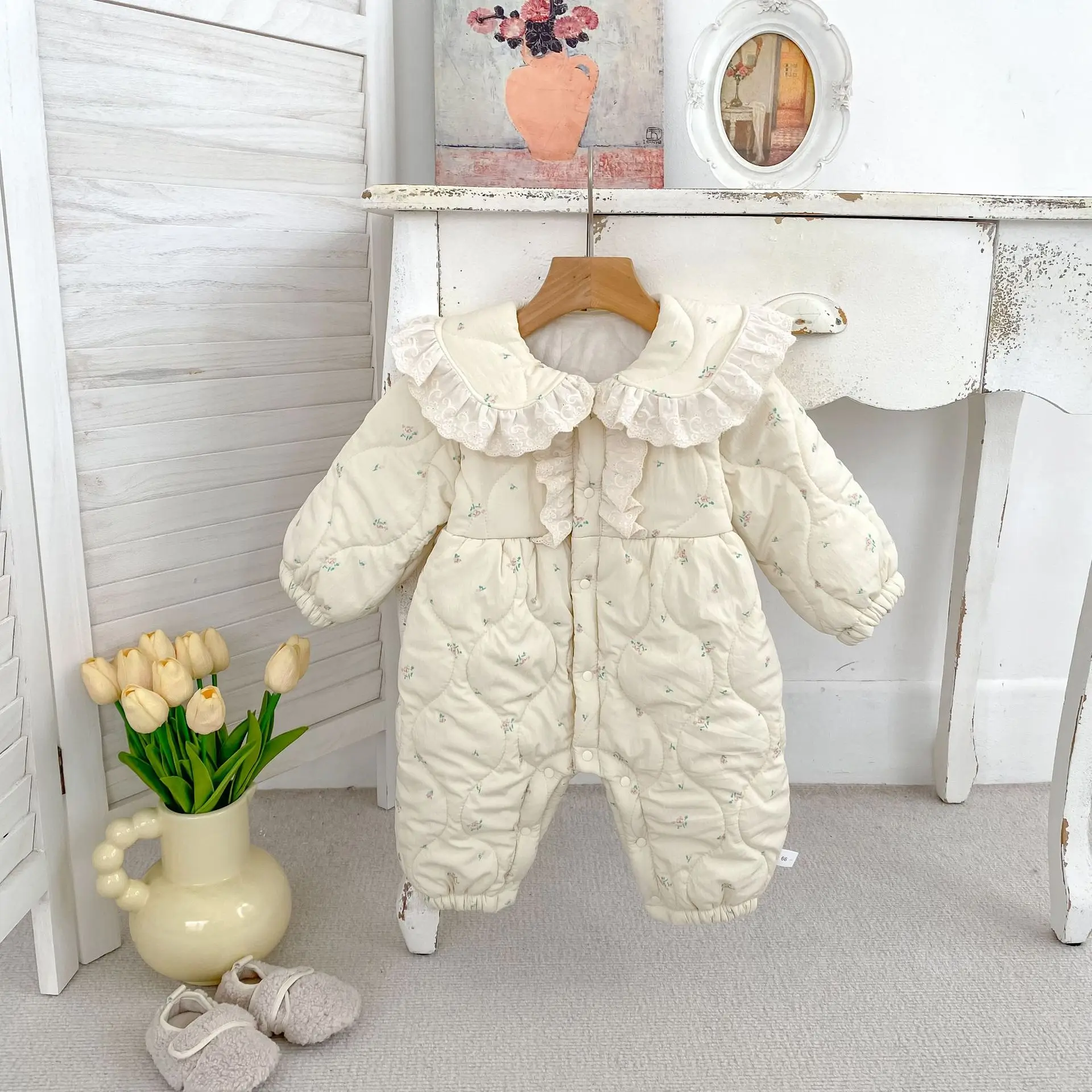 Infant Girl Cute Floral Lapel Jumpsuit Plus Velvet Thick Toddler Warm Clothes 2025 Winter New Baby Long Sleeve Fleece Romper