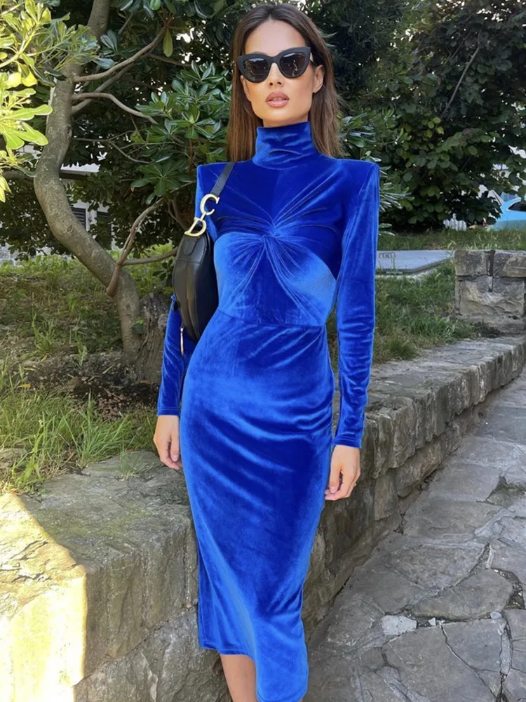 Luxury Women Winter Sexy Long Sleeve Turtleneck Velvet Blue Midi Bodycon Dress 2022 Elegant Evening Party Club Outfit