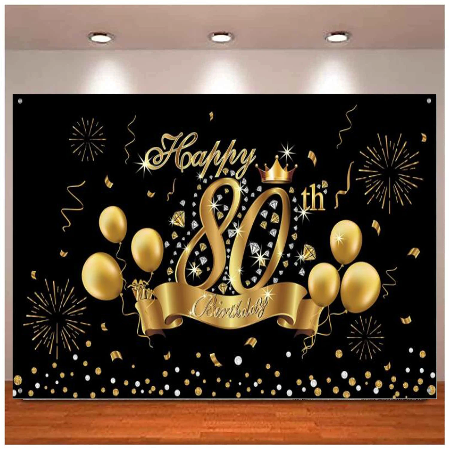 

Happy 80th Birthday Party Decoration Banner Backdrop Black Gold Sign Poster For 80th Anniversary Photo Booth Background Supplies