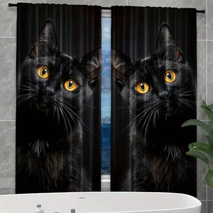 2pcs, Rustic Animal Cat Curtains, Decorate Window Rod Pocket Mount Printed Curtains Polyester Material, Suitable for Living Room
