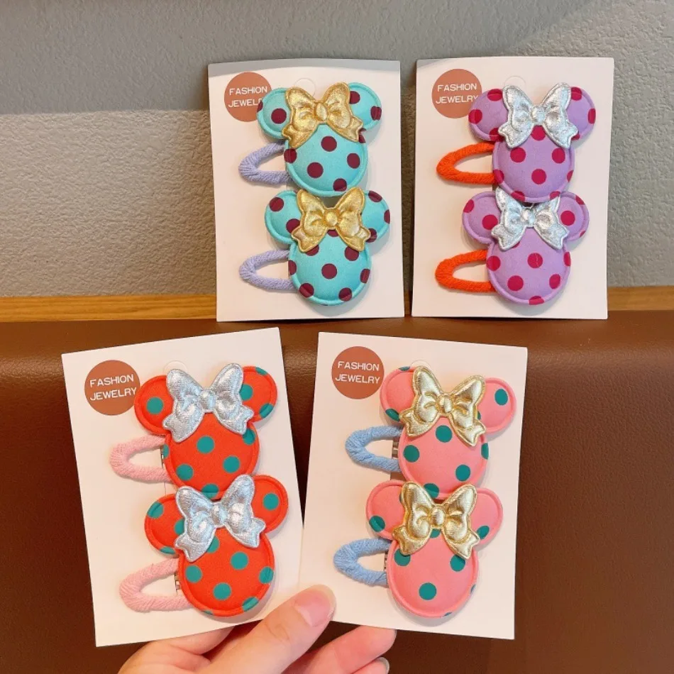 4pairs Kids Cartoon Polka Dot Mouse Ear Hair Clips Bow Decor Girls Side Bang Barrettes Sweet Korean Style Hair Accessories ZX07