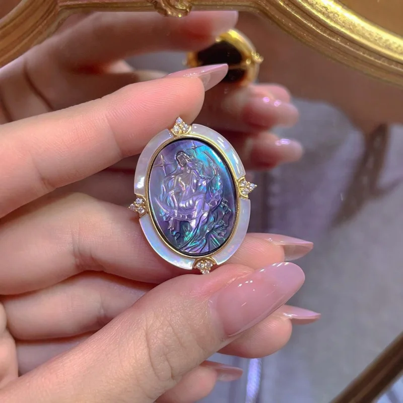 

s925Silver Inlaid Shell Carving Cat Pendant Brooch Pendant Two-in-One with Pure Silver Necklace Gift Box