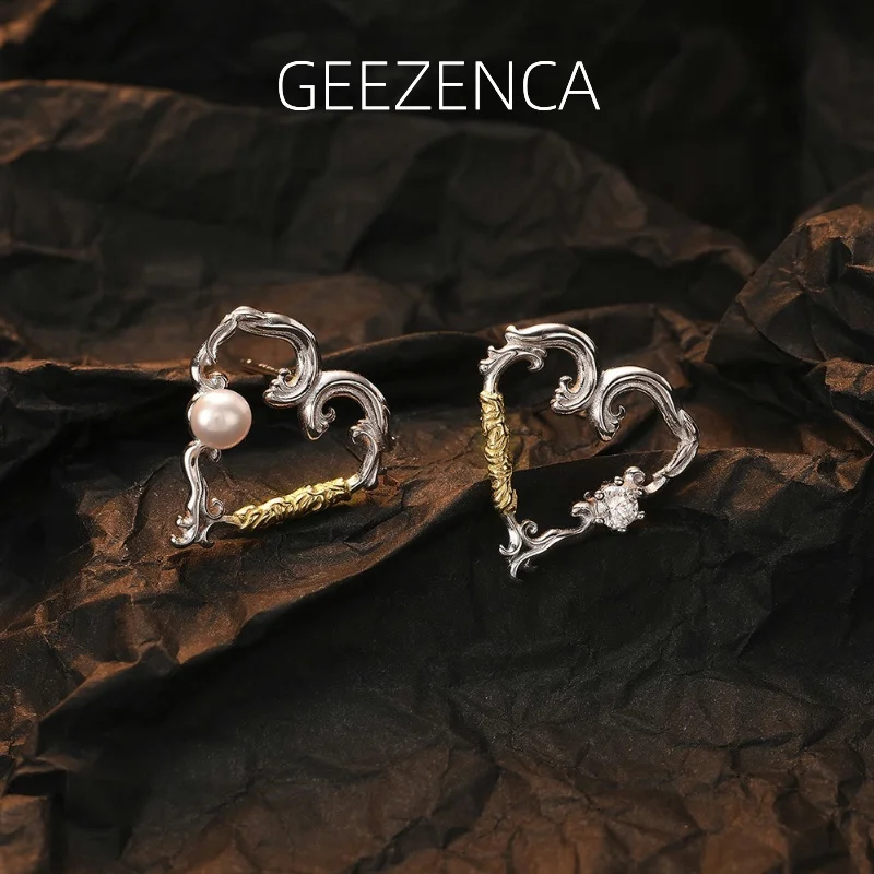 S925 Silver Two Tone Pearl Zircon AB Asymmetric Hollow Heart Earrings For Women Grass Minimalism Luxury Earring 2023 New Gift