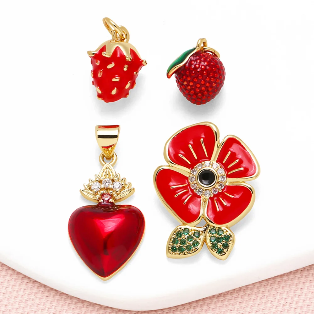 OCESRIO Fashion Red Enamel Pitaya Litchi Pendant for Necklace Copper Gold Plated Heart Flower Jewelry Making Component pdta843