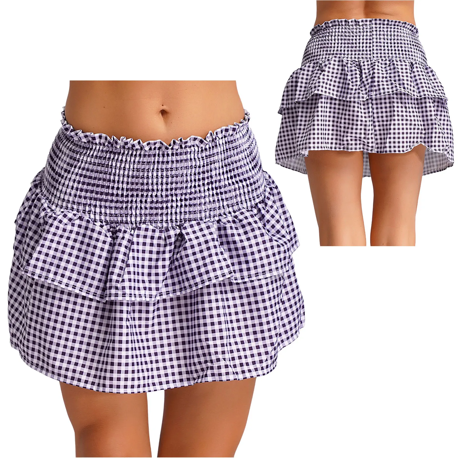 

Sweet Women Summer A-line Plaid Micro Skirt High Rise Elastic Waistband Tiered Skirt Frilly Plaid Skirt for Vacation Daily Wear