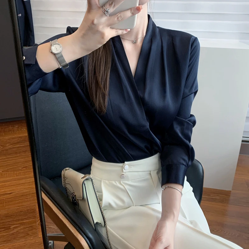 Ele Wit Zijde Satijn V-Ne Lange Sve irt voor Dames Lente Herfst Professionele Werkkleding Sle Button up Rechte snit