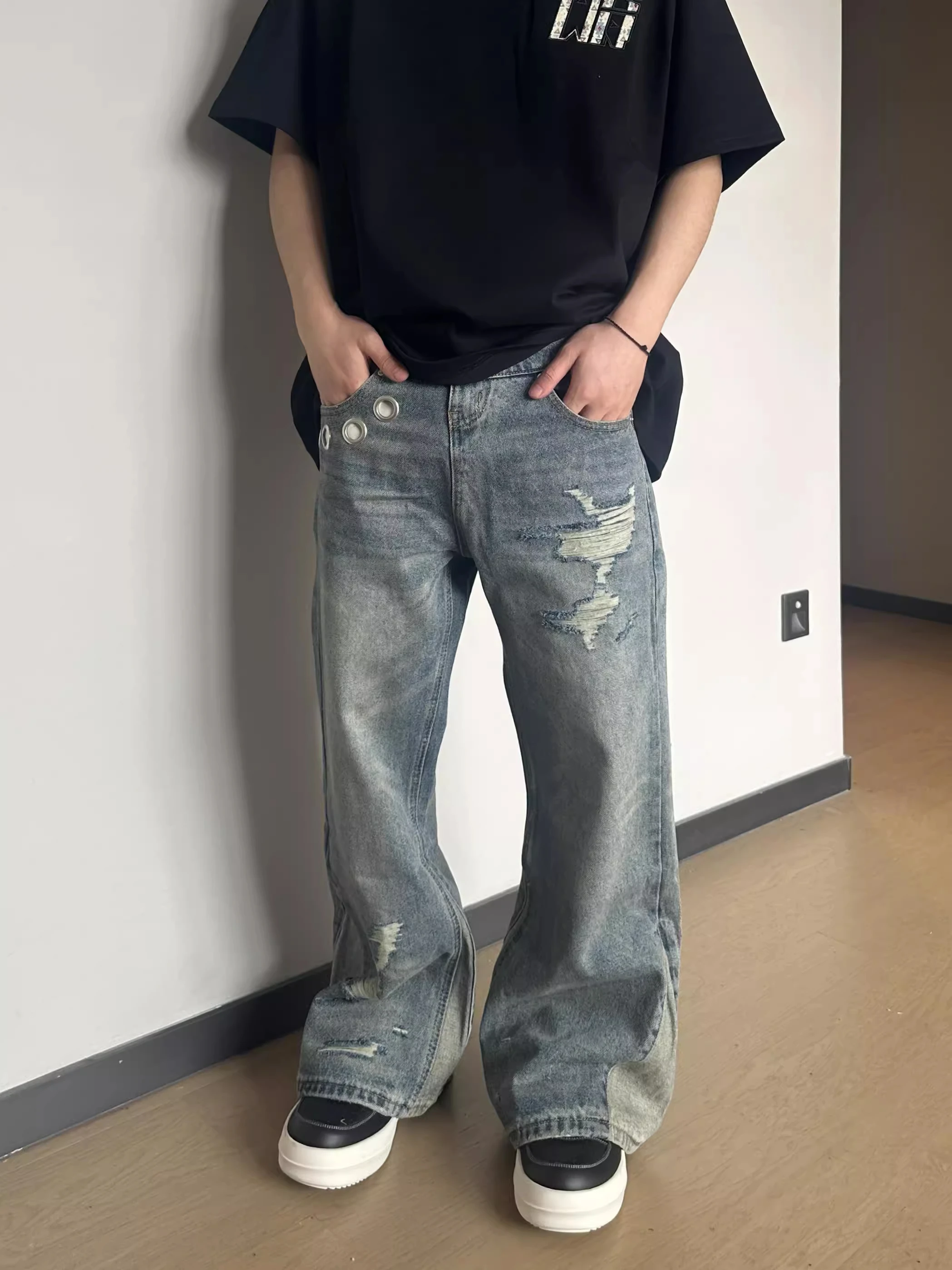 

American street knife cut ring buckle ripped micro-flare jeans men and women cleanfit loose trousers trendy