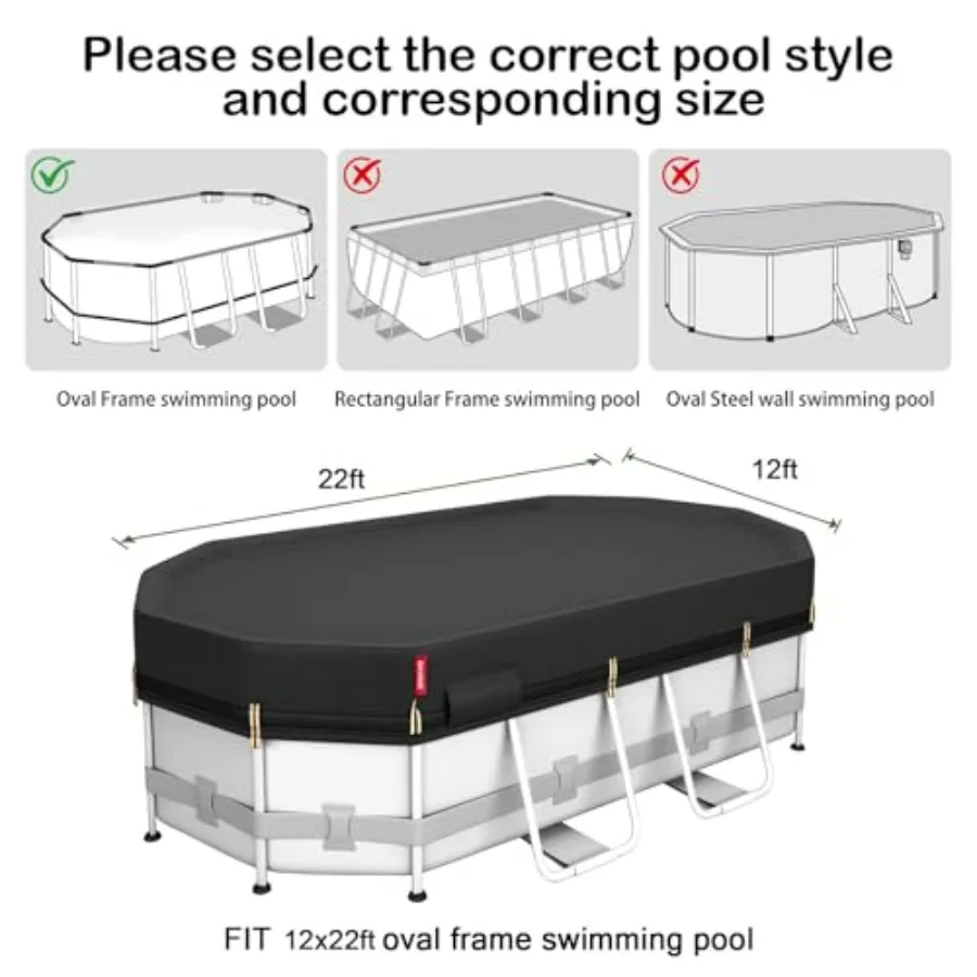 Oval Pool Cover for Above Ground Pools, 12x22 Ft, UV-Resistant Polyethylene, Blue, Super Windproof with Patented Tightening Dev