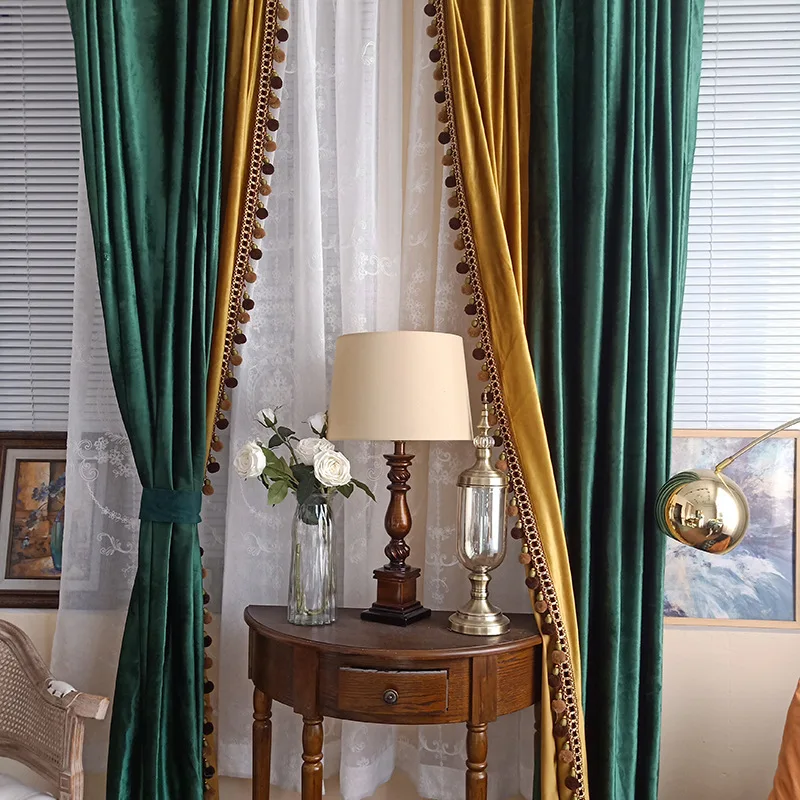 Luxury American-style Retro Velvet Curtain for Living Room Bedroom Dark Green Gold Curtain Color Splicing Flannel Curtain Custom