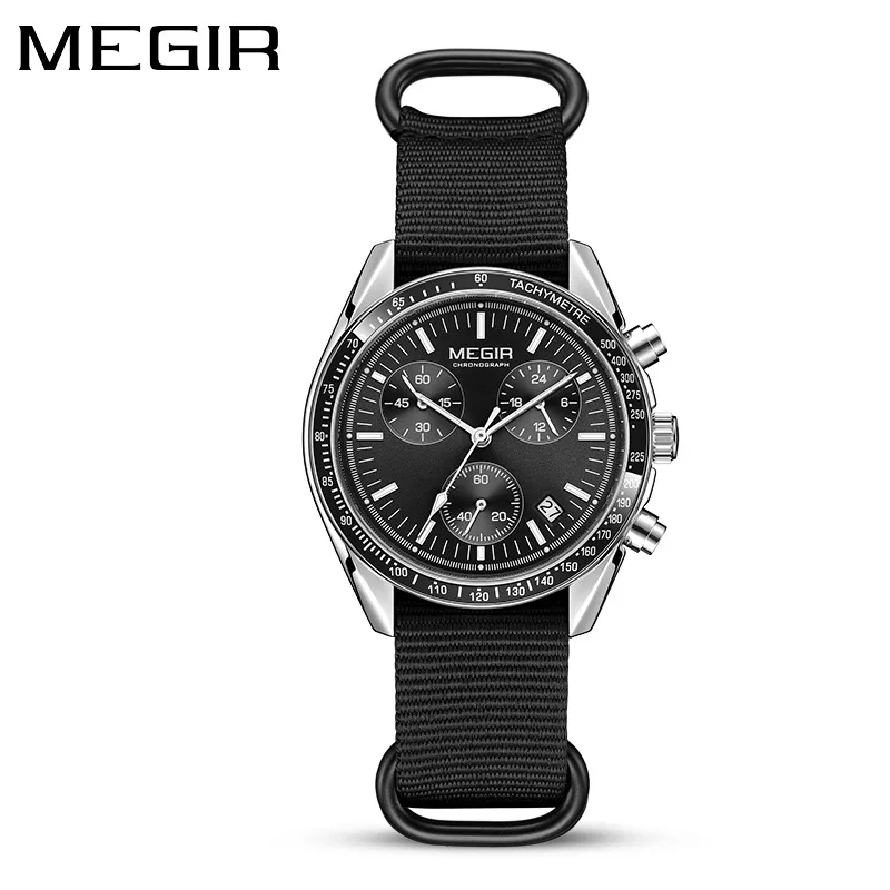 MEGIR 2247 New Luxury Men's Watch Canvas Braided Strap Sport Chronograph Night Light Quartz Waterproof Men's Watch Reloj Hombre