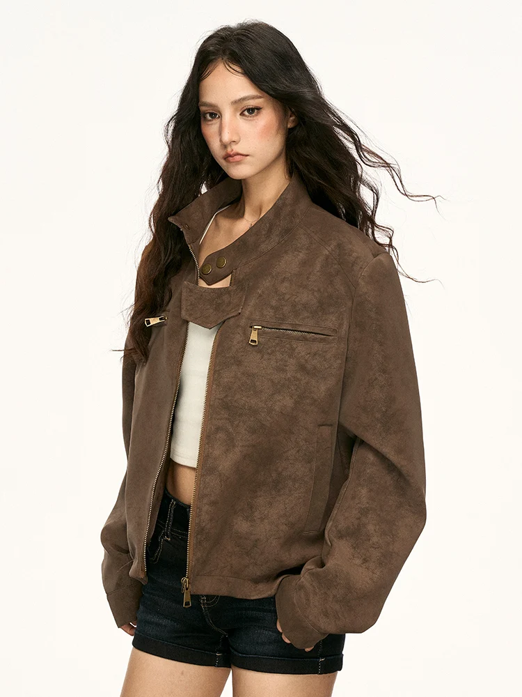 

Aaisup American Sle Vintage Faded Leather Jaet Women's Loose Casual ort Coat Autumn New Sle Slimming Zipper Closure