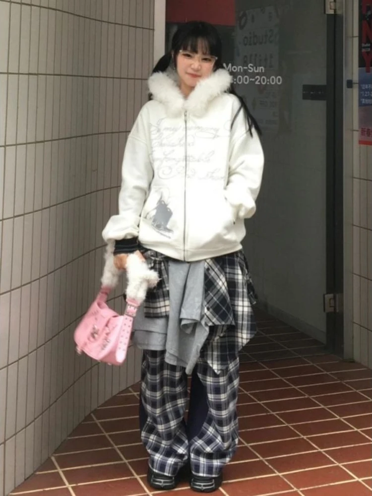 American Y2k Light Fur Collar Subculture Retro Sweatshirt Women's Autumn Winter High-end Hooded Cardigan Loose Gothic Jacket