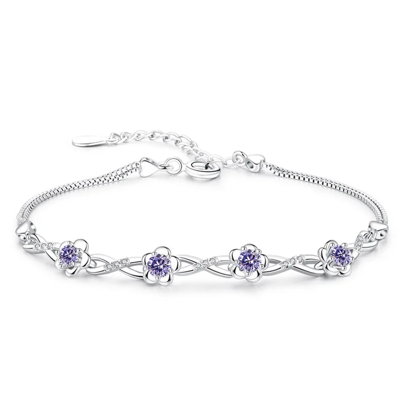 Authentic S925 Sterling Silver Crystal Vintage Plum Blossom Flower Bracelet Bangle For Women Girl Lady Wedding Birthday Gift