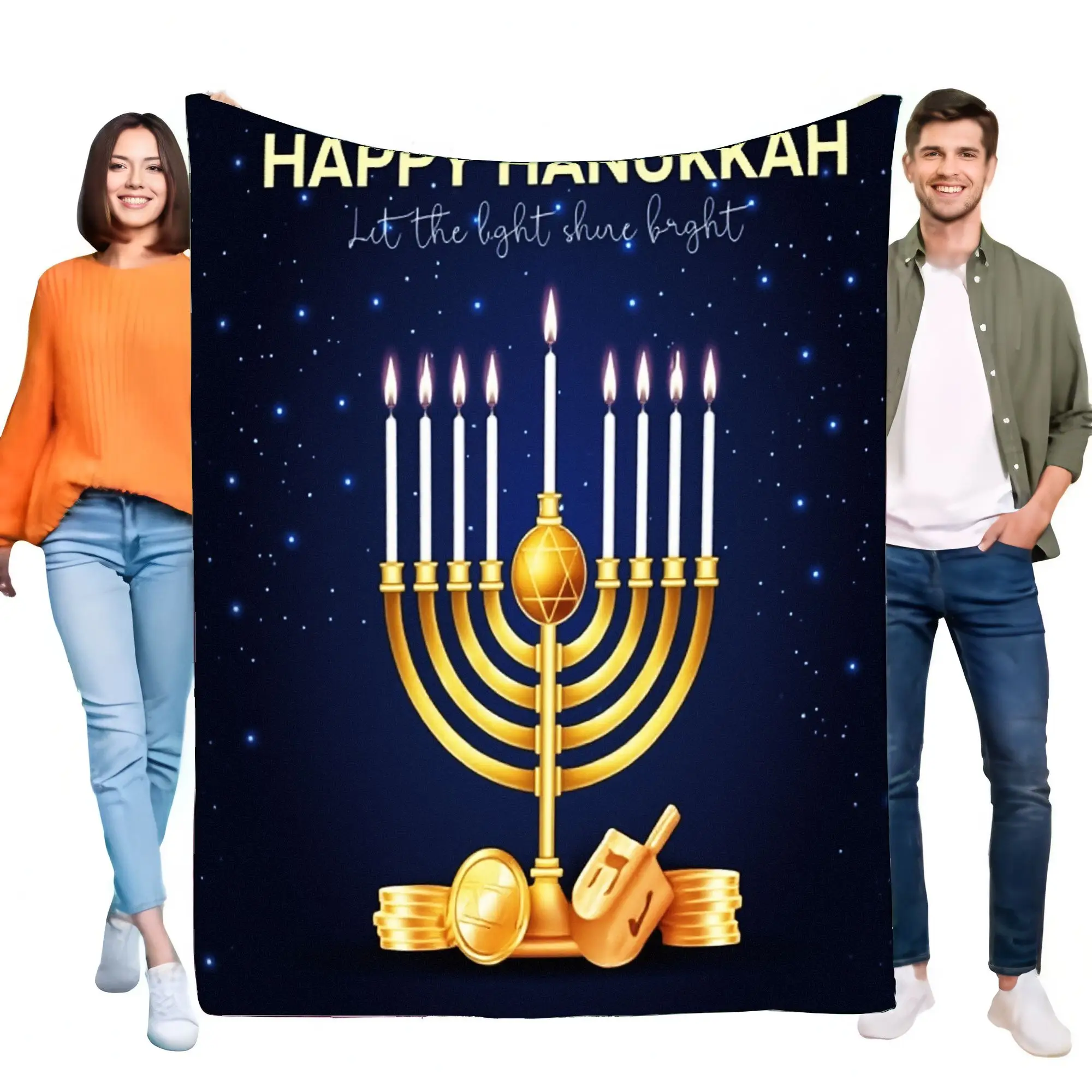 Happy Hanukkah Blanket Dark Blue Menorah Star of David Design Cozy Throw with Golden Coins and Dreidel Perfect for Holiday Celeb