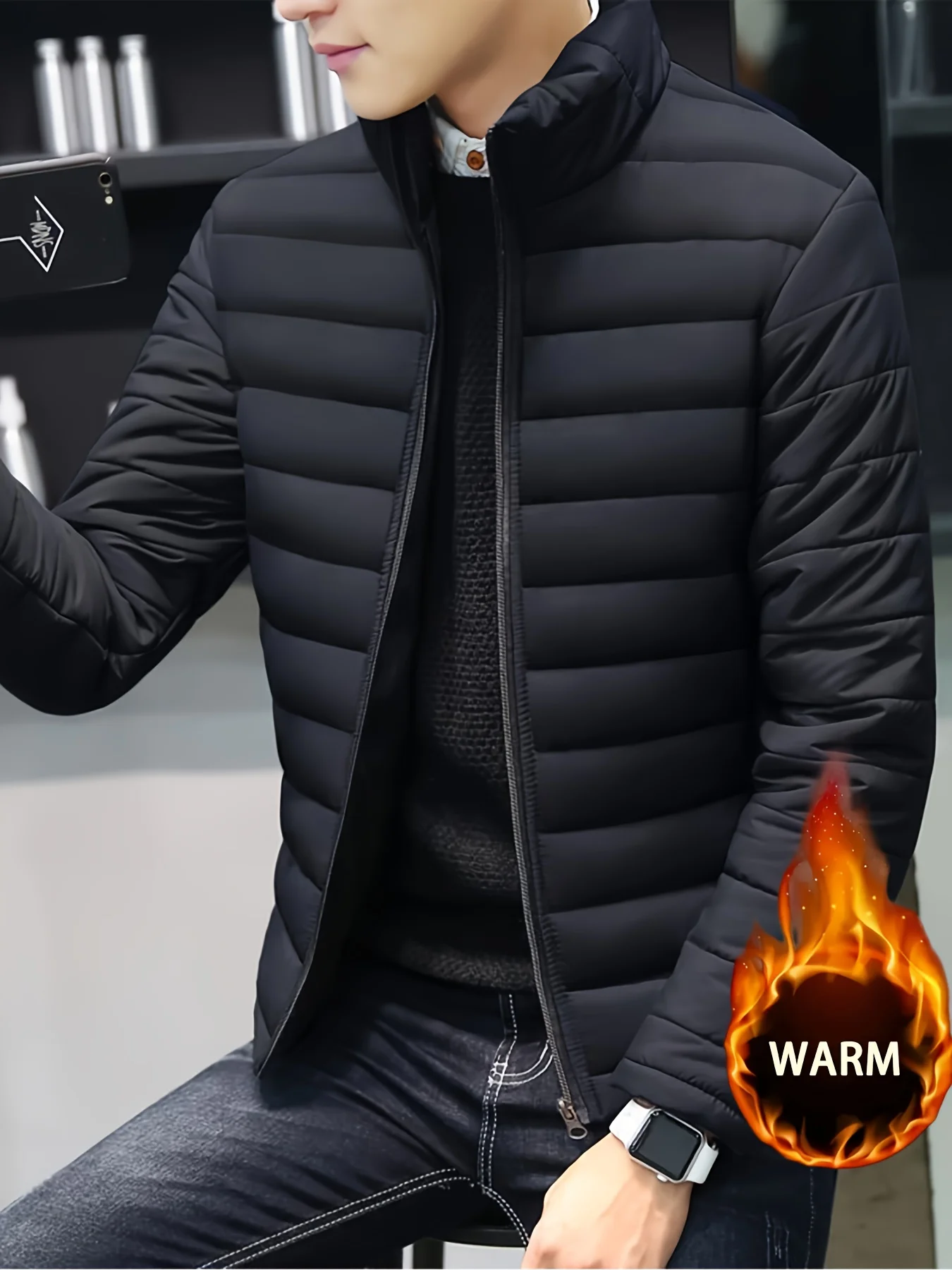 Men Premium Padded Coat Autumn Winter Solid Color Stand Collar Zip Jacket Warm Comfortable Outdoor Leisure Casual Jacket