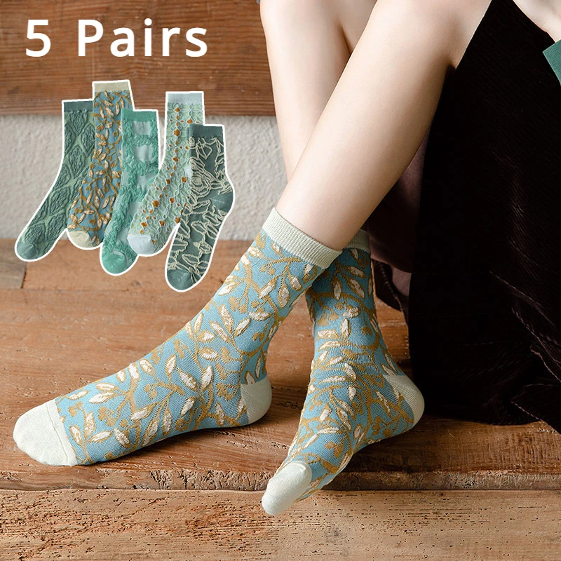 5 Pairs 3D Floral Women Socks Spring Summer Middle Tube Socks Fashion Green Pink Socks Cute Japanese Korean