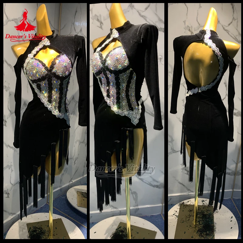 Teenagers Samba High-necked Tassels Clothing Dancer's Vitality Latin Dance AB Stones Perform&Contest Outfit Advanced Customized