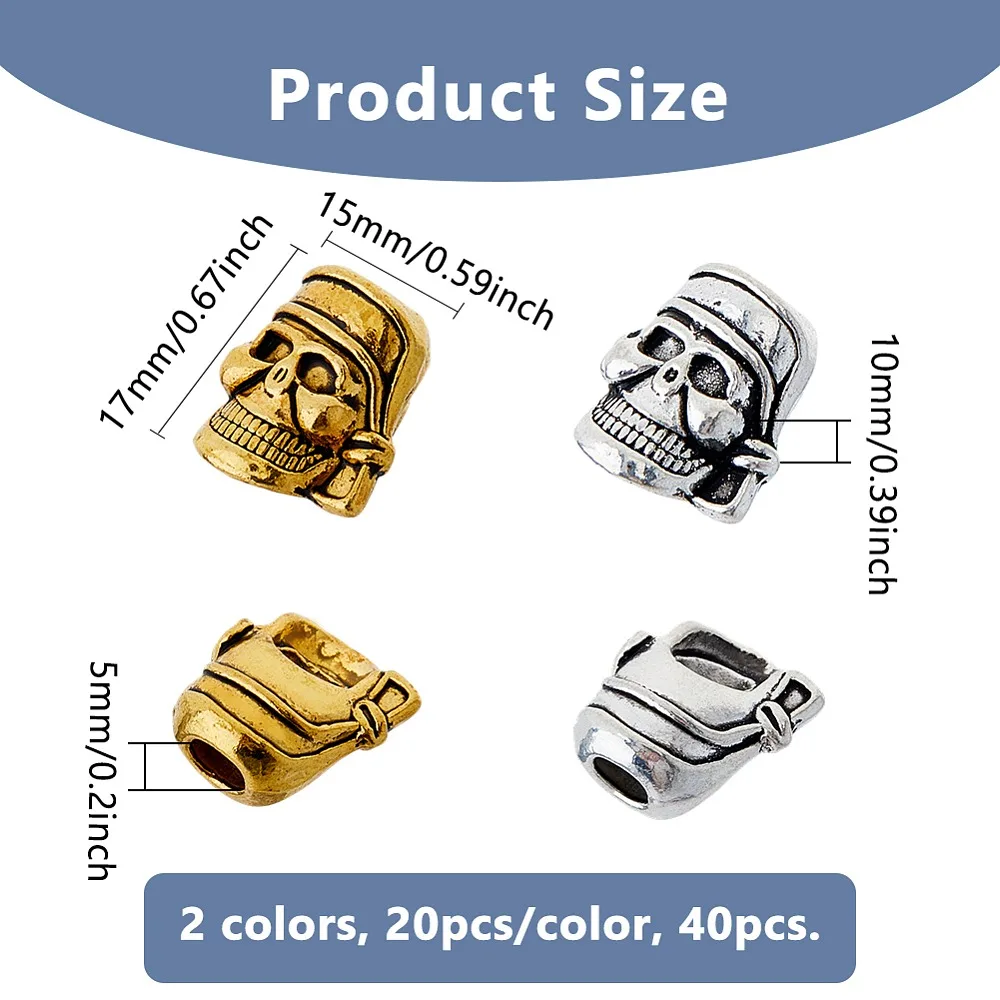 

40Pcs 2 Colors Style Alloy Beads Cadmium Free Lead Free Helmet Beads Silver Golden 17x15x10mm Hole: 5mm 20pcs/color