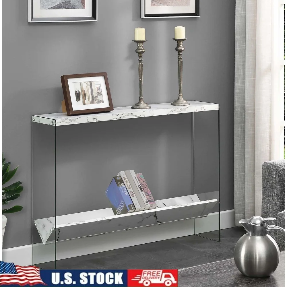 

SoHo Glass V Console Table with Shelf Tempered Glass Honeycomb Particleboard Modern Display Furniture Low Maintenance Indoor