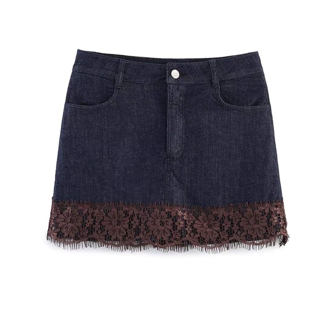 

Новая женская летняя юбка А-силуэта из денима с кружевными вставками, темно-синяя, облегающая, стильная, универсальная, со средней талией, на подкладке