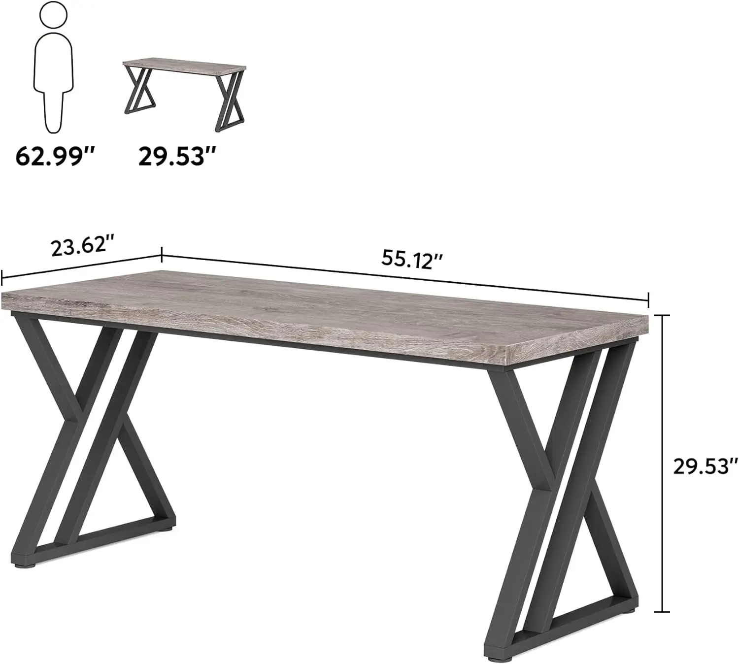 Bureau d'ordinateur d'écriture, bureau d'étude de 55 pouces avec pied en métal en forme de Z, table d'ordinateur moderne et simple pour bureau à domicile, gris