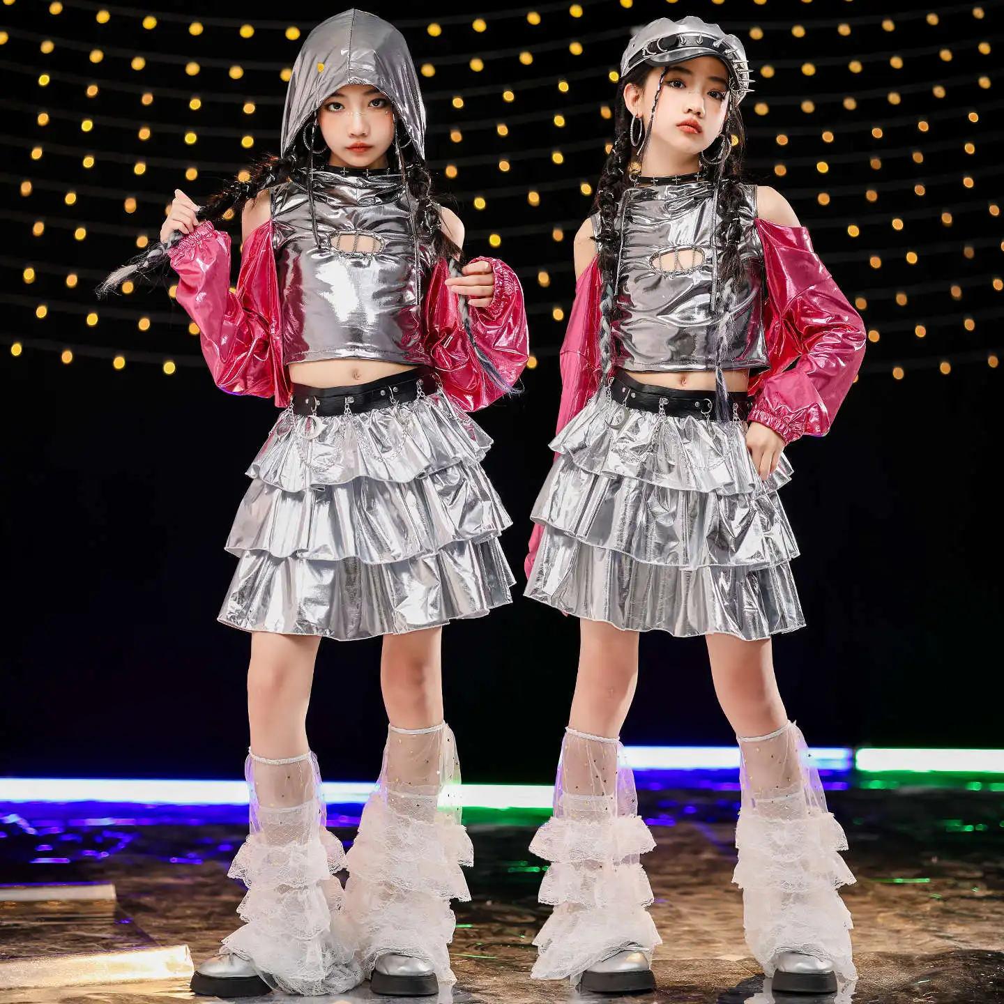 

Детский комплект одежды для девочек: укороченное худи в стиле хип-хоп с пэчворком и блестками, плиссированная юбка серебристого цвета, костюм для K-pop и джаза, уличная одежда для девочек-групп