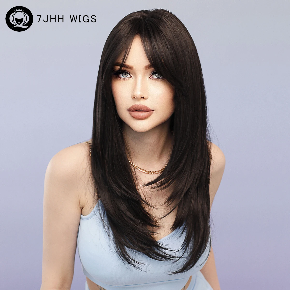 Synthetic Loose Straight Wig for Women Daily Party High Density Natural Middle Part Layered Black Hair Wigs with Curtain Bangs