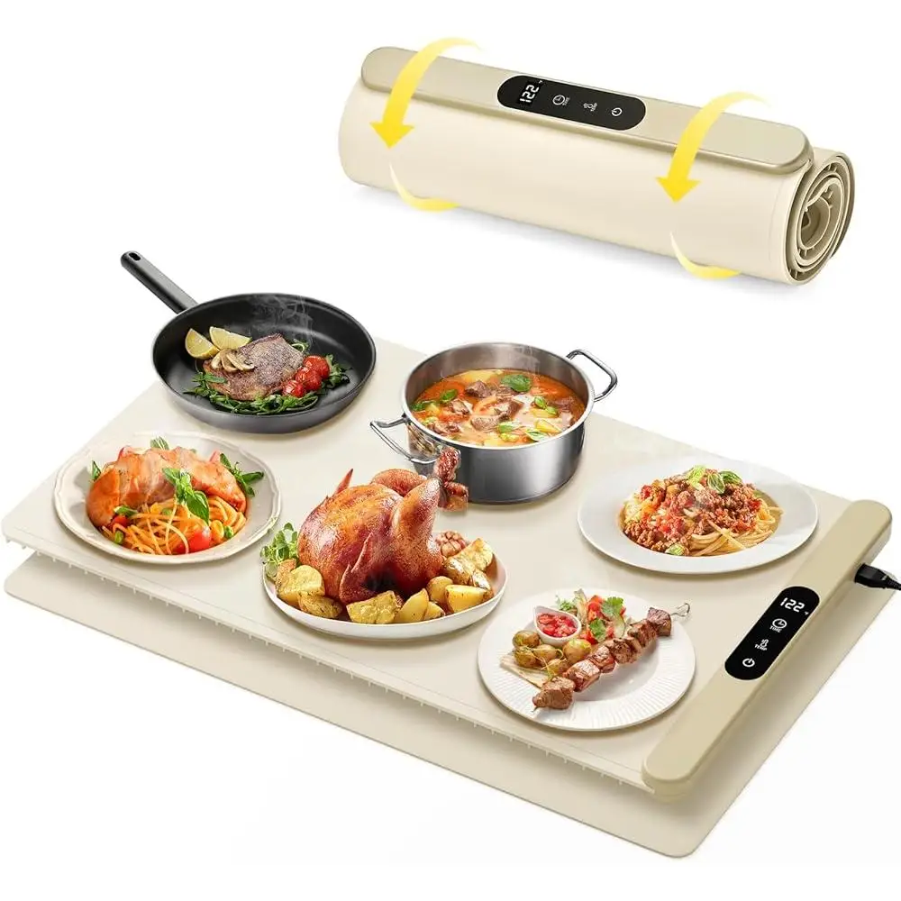 Graphene Electric Warming Tray Rapid Heating 8s 6 Temperature Settings 6 Hours Timer Food Heating Mat Portable Easy Clean