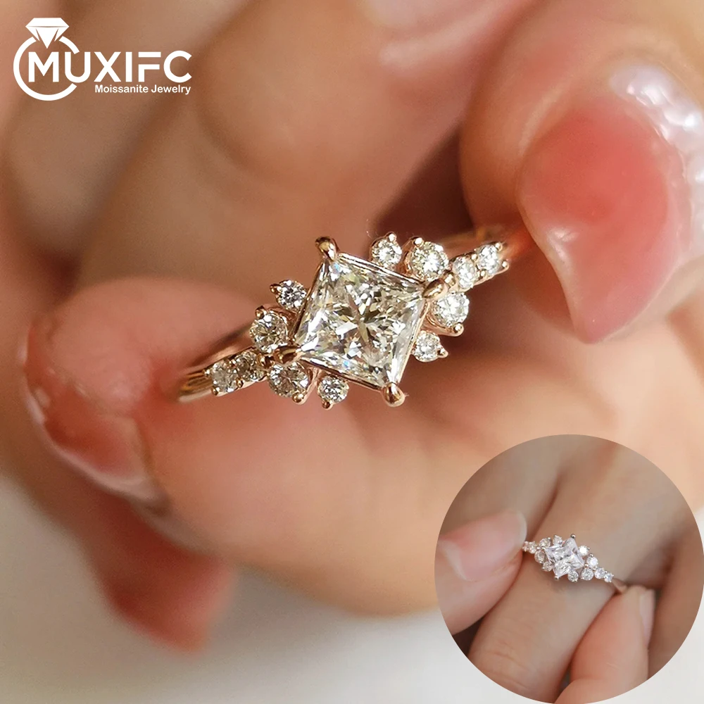 MUXIFC Princess Cut Moissanite Rings for Women 925 Sterling Silver Plated 18K Gold Wedding Band GRA Certified Fine Jewelry Gifts