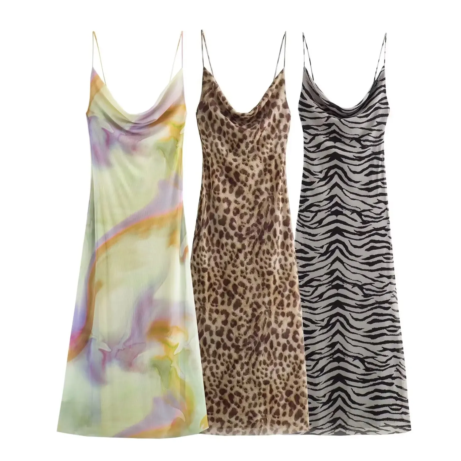 

Women's Animal Print Silk Mesh Sling Dress, Chic Backless Slim Dress, Spring and Summer, New Fashion, 2024