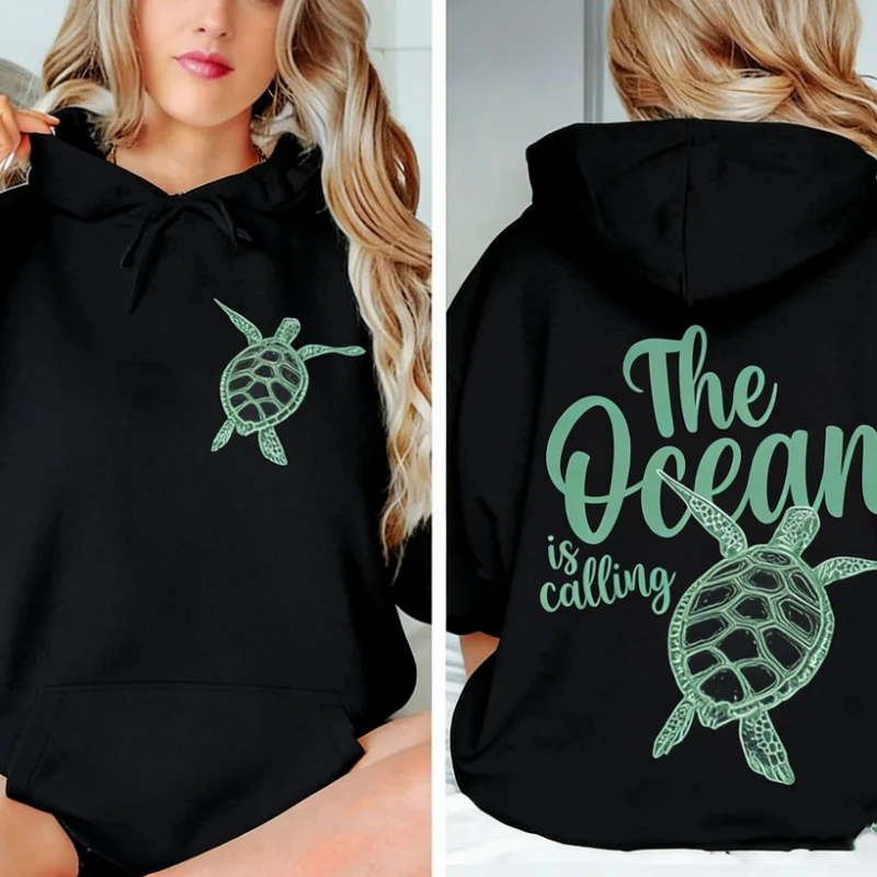Sudadera The Ocean is Calling con estampado minimalista de tortugas para amantes de las tortugas, Sudadera térmica con capucha de tortugas marinas para mujer, regalos ecológicos