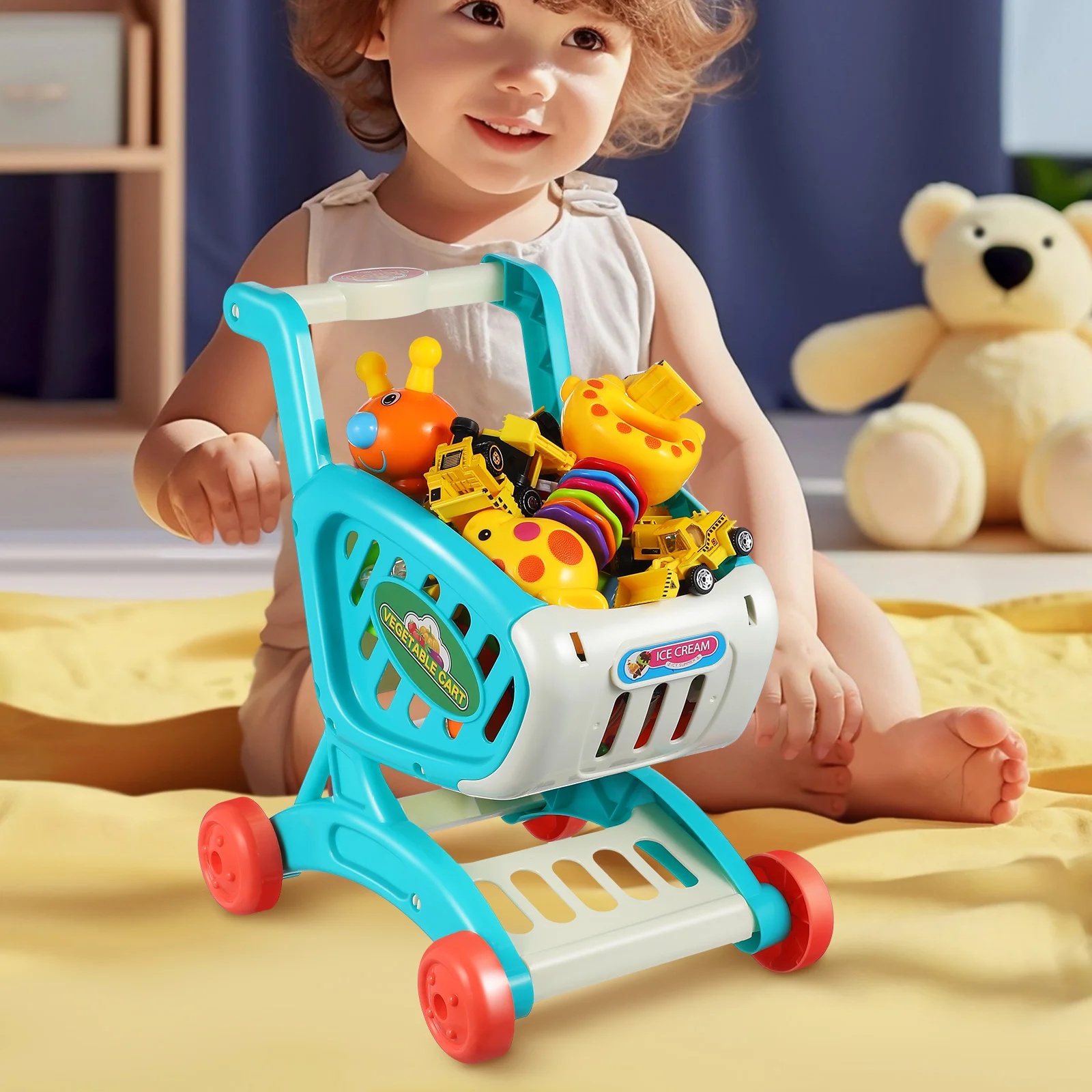 Carrello della spesa di simulazione per bambini Giocattolo con portaoggetti Carrello per giochi di ruolo Carrello per alimenti per bambini Accessori per giochi in plastica rosa per bambini