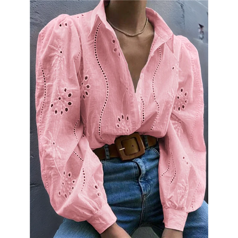 ABP-Womens Long Puff Sleeve Blouse V Neck Buttons Hollow Out Lace Embroidered Blouses Shirts
