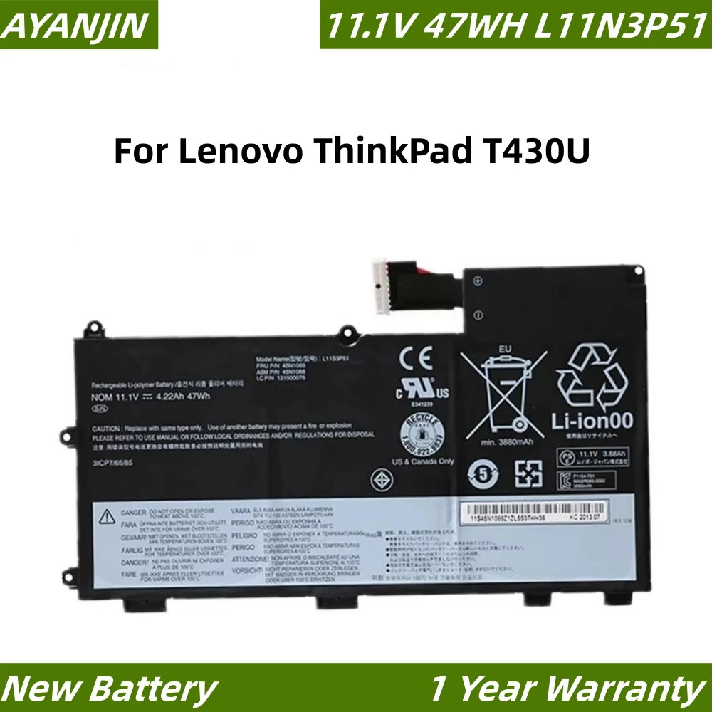 L11N3P51 11.1V 47Wh/4220mAh Laptop Battery for Lenovo ThinkPad T430U L11S3P51 45N1090 45N1089