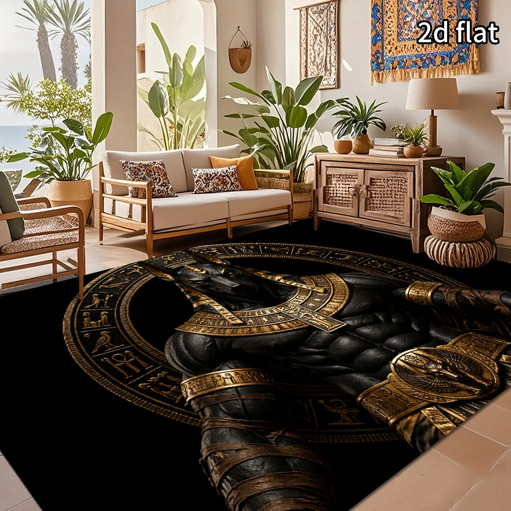 2D Flat Vintage Black‑Gold Ancient Egyptian Pattern Area Rug, Non‑Slip Machine Washable Floor Decor, Retro‑style Home Ornament
