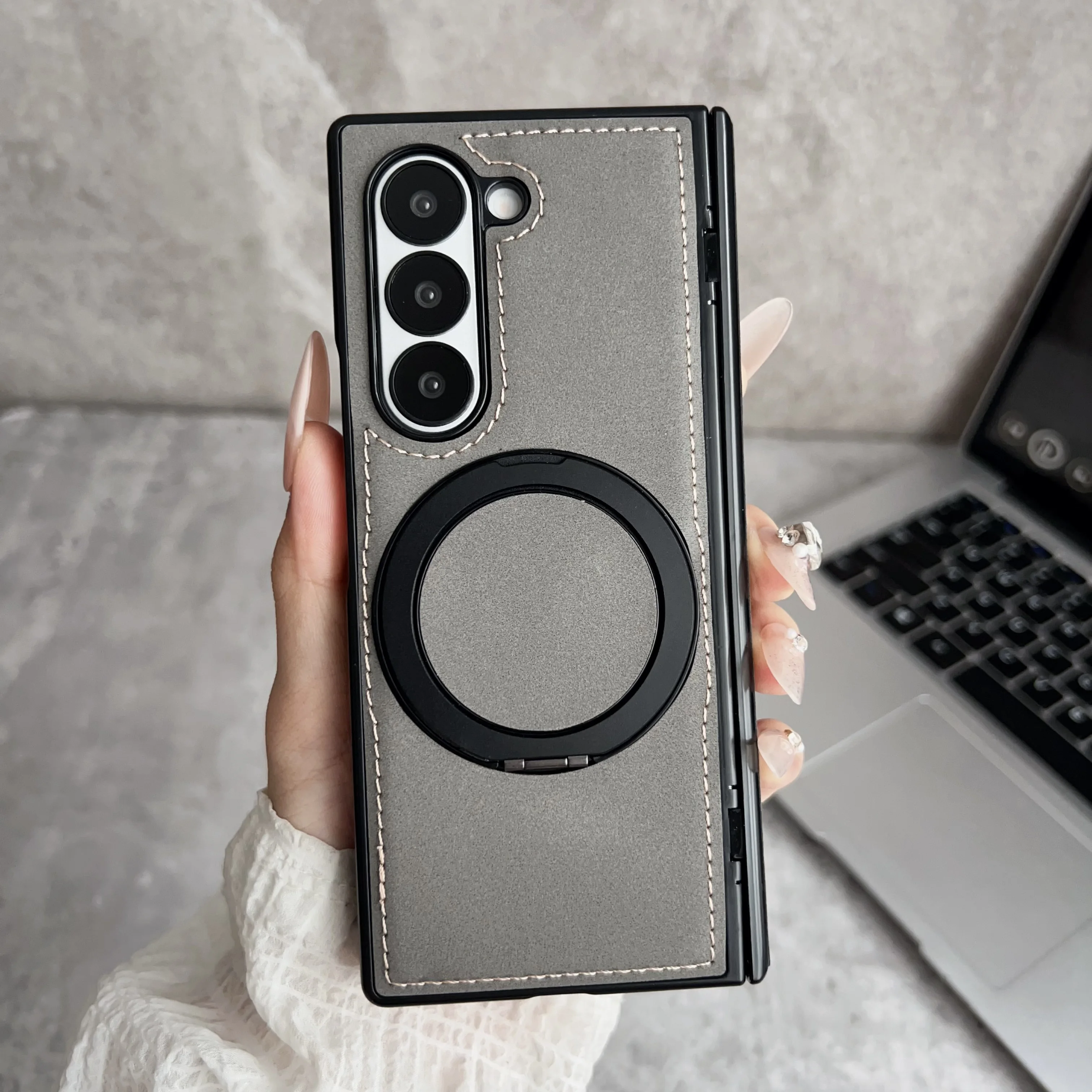 For Samsung Galaxy Z Fold 6 5 4 3 Case Luxury Skin Friendly Leather Fold Hinge Rotating Ring Bracket Anti Drop Cover Accessories