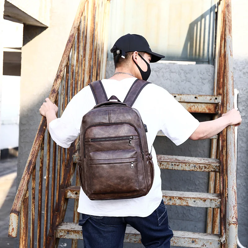 New Vintage Men USB Charging Backpack Large Laptop Bag PU Leather Man Travel Backpack Casual Teenagers School Bags For Boys