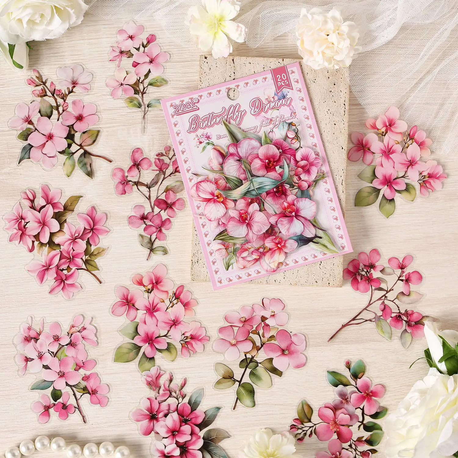 20pcs Pink Floral Stickers - Romantic Flower Decals for Journal & Scrapbooking